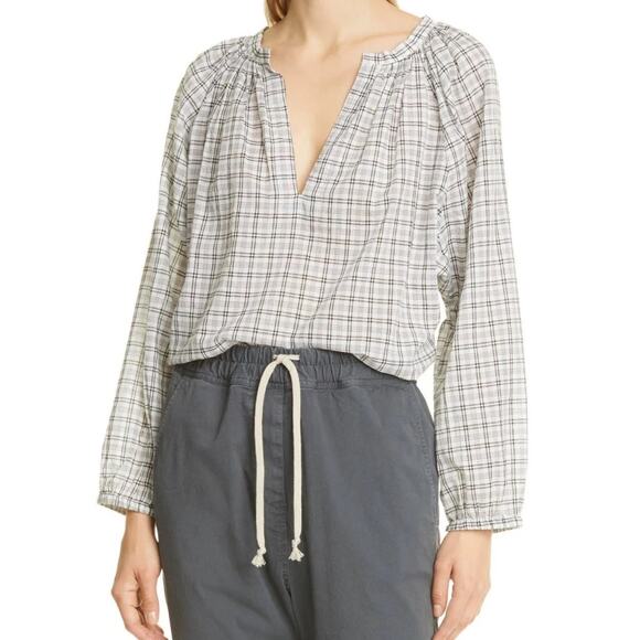 Nili Lotan Brooke White Black Plaid Print V-Neck Long‎ Sleeve Blouse Size Small - Picture 1 of 8